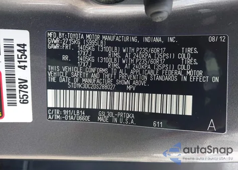 2013 Toyota Sienna Xle V6 8 Passenger from USA, damaged, VIN 5TDYK3DC2DS288027
